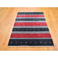 4'x6'1" Black Modern Striped Gabbeh Natural Wool Hand Loomed Oriental Rug
