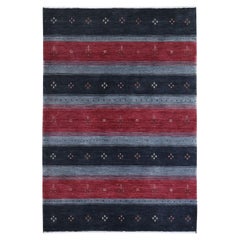 4'x6'1" Black Modern Striped Gabbeh Natural Wool Hand Loomed Oriental Rug