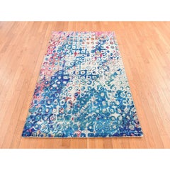 4'x6'1" Blue-Ivory Colorful THE PEACOCK Sari Silk Hand Knotted Oriental Rug