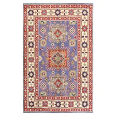 4'x6'1" Iris Purple Kazak Geometric Medallions Design Hand Knotted Wool Rug