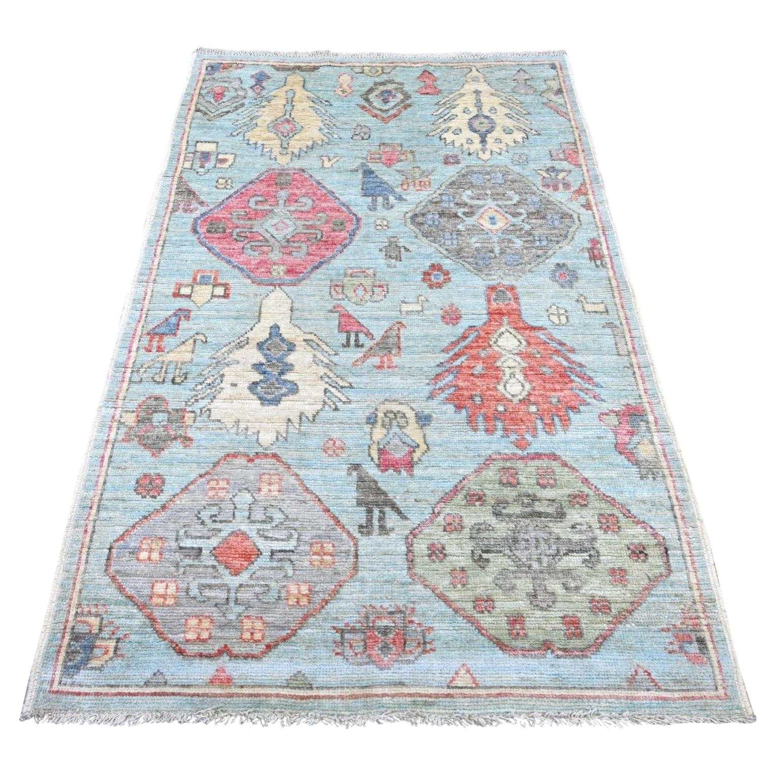 4'x6'1" Light Blue Anatolian Village Inspired Design Hand Knotted Wool Rug For Sale