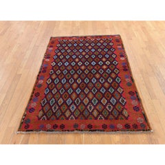 4'x6'1" Red Colorful Afghan Baluch with All Over Design Hand Knotted Wool Rug