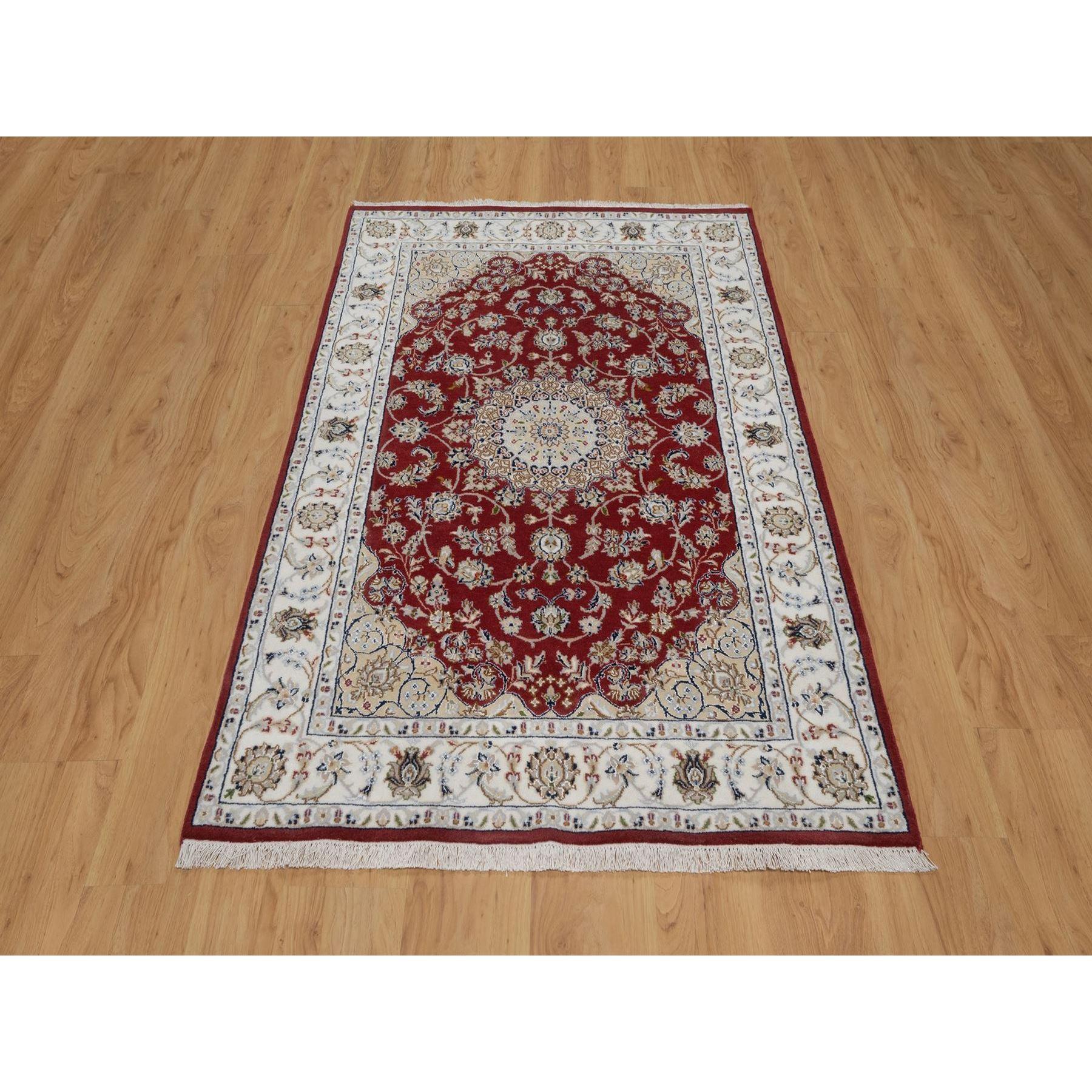 Currant Red, Nain with Flower Medallion Design, Hand Knotted, Wool and Silk, 250 KPSI, Soft Pile, Oriental Rug
Primary materials: Wool & Silk
Latex: No Pile 
height: 0.25 Inches
Style: Traditional
Primary color: Red
Secondary colors: Green, Brown,
