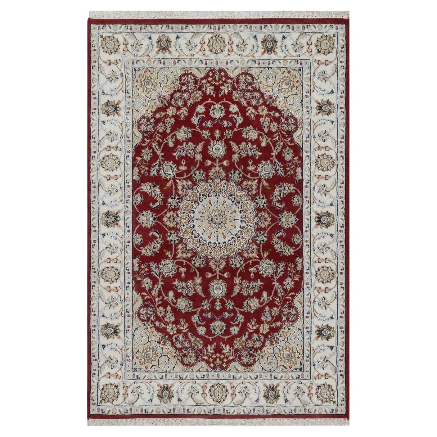 4'x6'1" Red Nain with Flower Medallion Design Hand Knotted Wool and Silk Rug For Sale