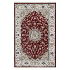 4'x6'1" Red Nain with Flower Medallion Design Hand Knotted Wool and Silk Rug