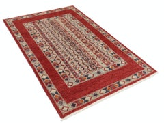 4x6.2 ft Handmade Red, Ivory, Navy Blue, Orange Area Rug with Geometric Design