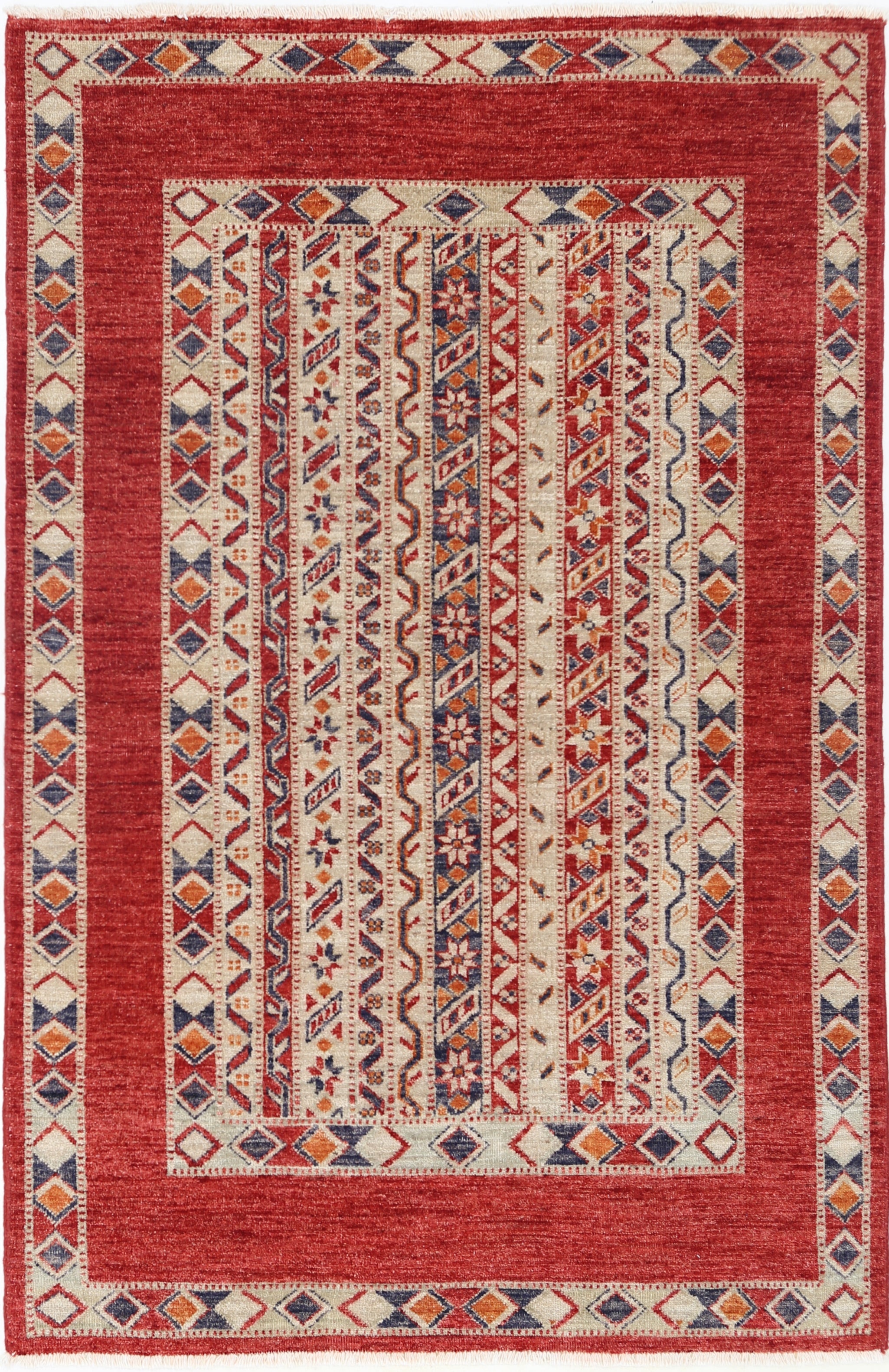 4x6.2 ft Handmade Red, Ivory, Navy Blue, Orange Area Rug with Geometric Design For Sale