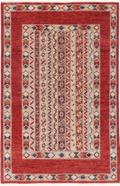 4x6.2 ft Handmade Red, Ivory, Navy Blue, Orange Area Rug with Geometric Design