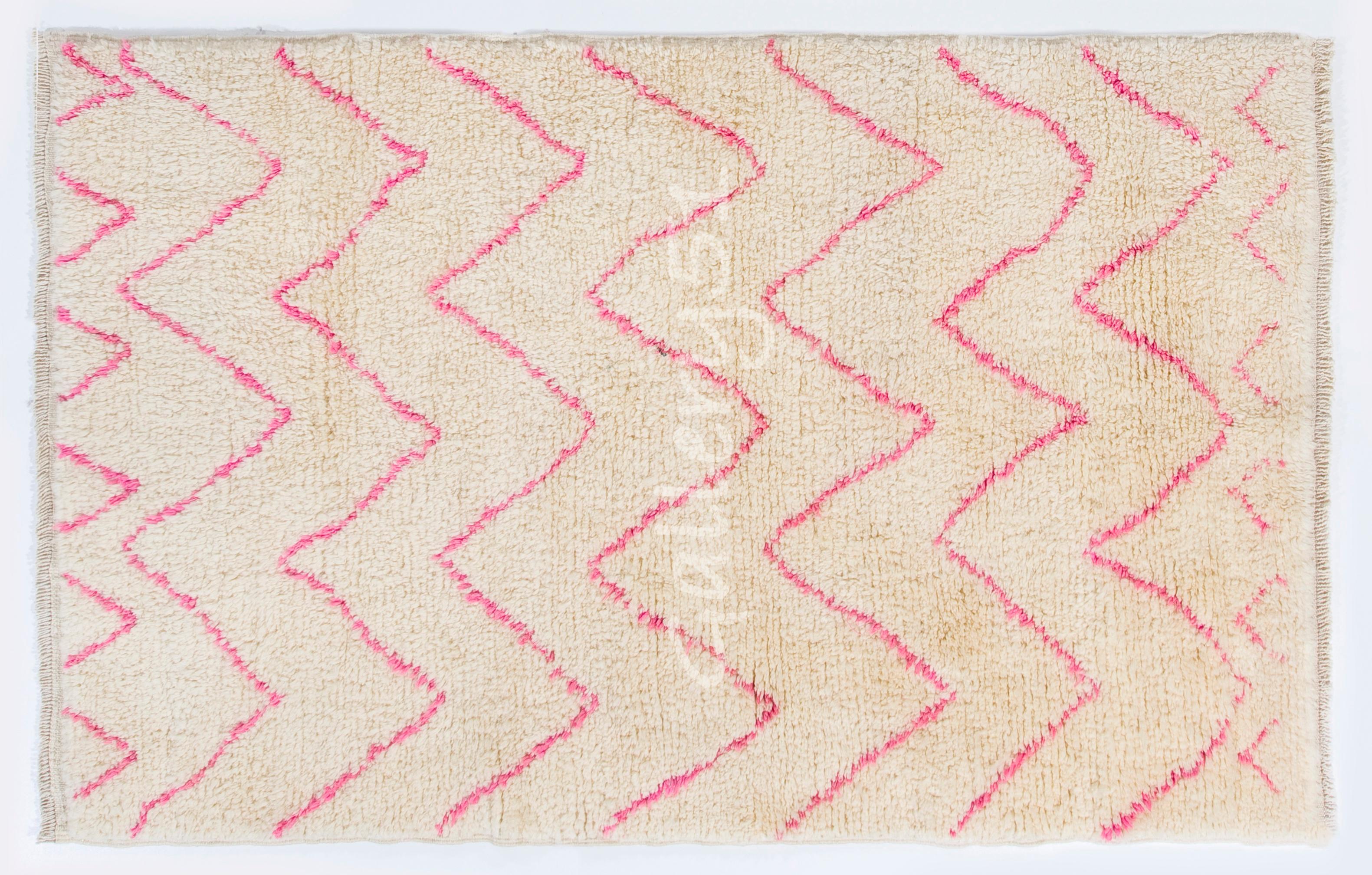 Modern Moroccan Beni Ourain Wool Rug in Pink & Cream Colors, Custom Options Available For Sale