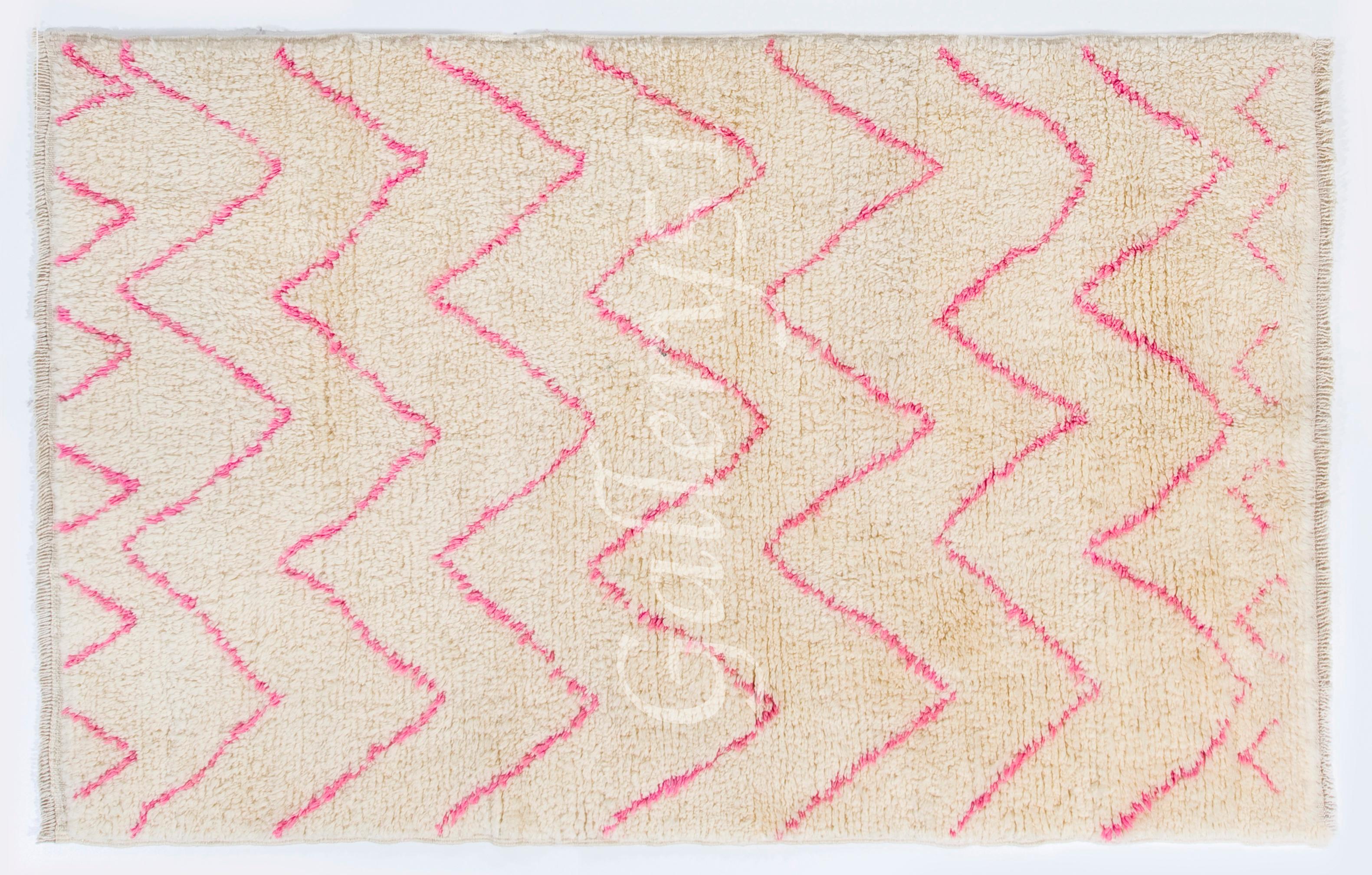 Hand-Knotted Moroccan Beni Ourain Wool Rug in Pink & Cream Colors, Custom Options Available For Sale