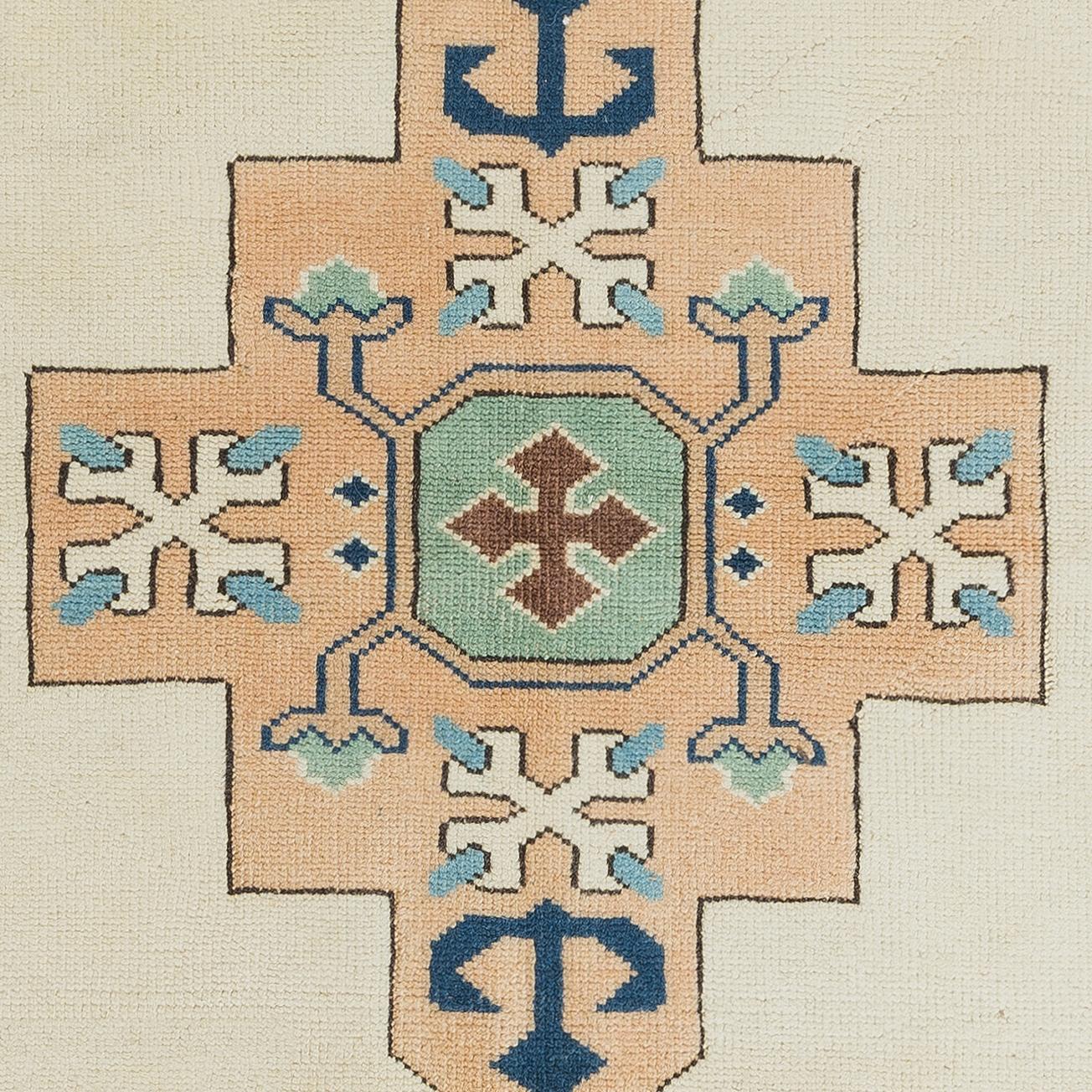 4x6.2 Ft Vintage Geometrischer Design-Teppich in Beige, handgefertigt in der Türkei. 100% Wolle (Handgewebt) im Angebot