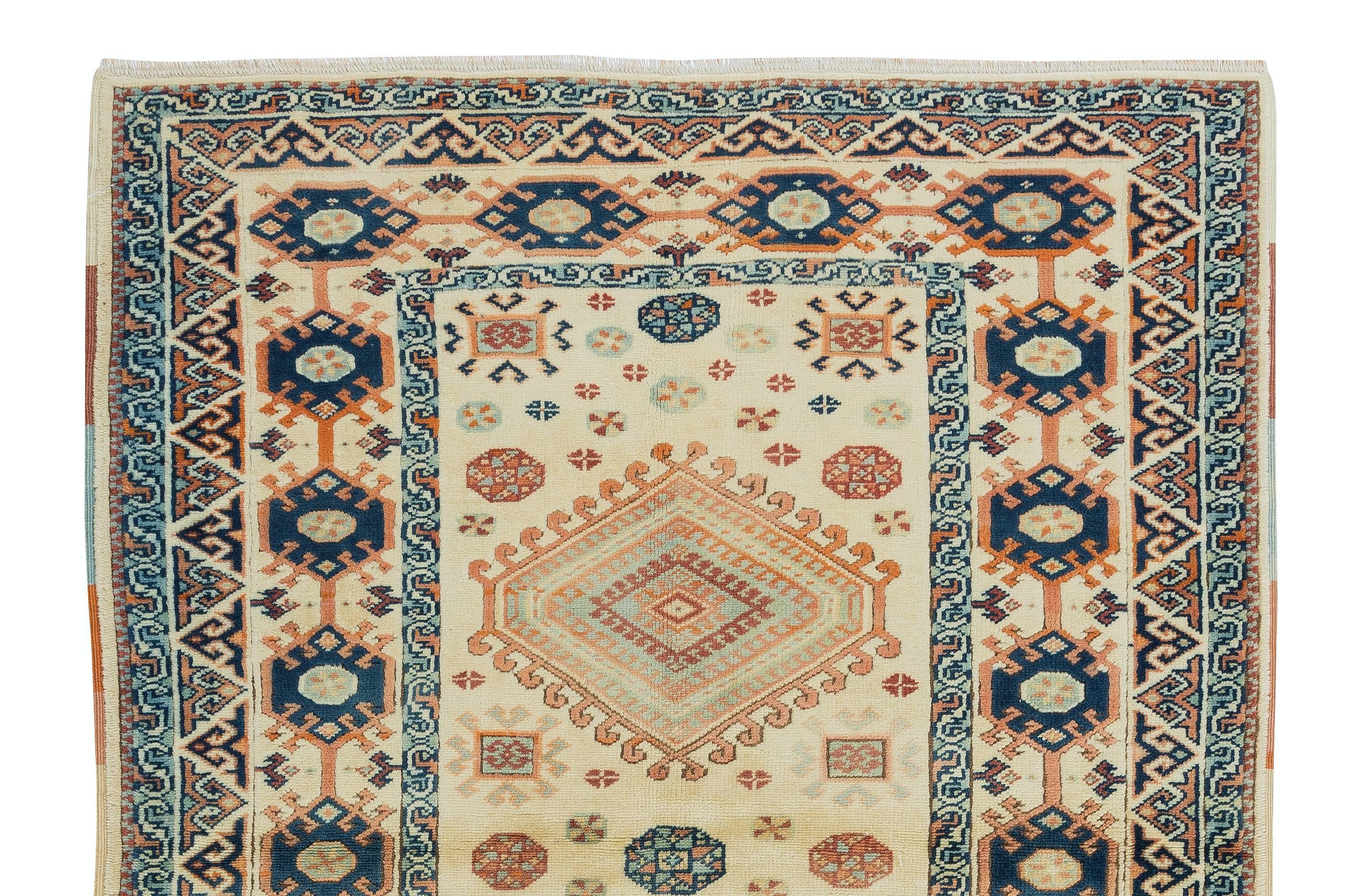 Turkish 4x6.2 Ft Vintage Handmade Geometric Anatolian Accent Rug, Woolen Floor Covering For Sale