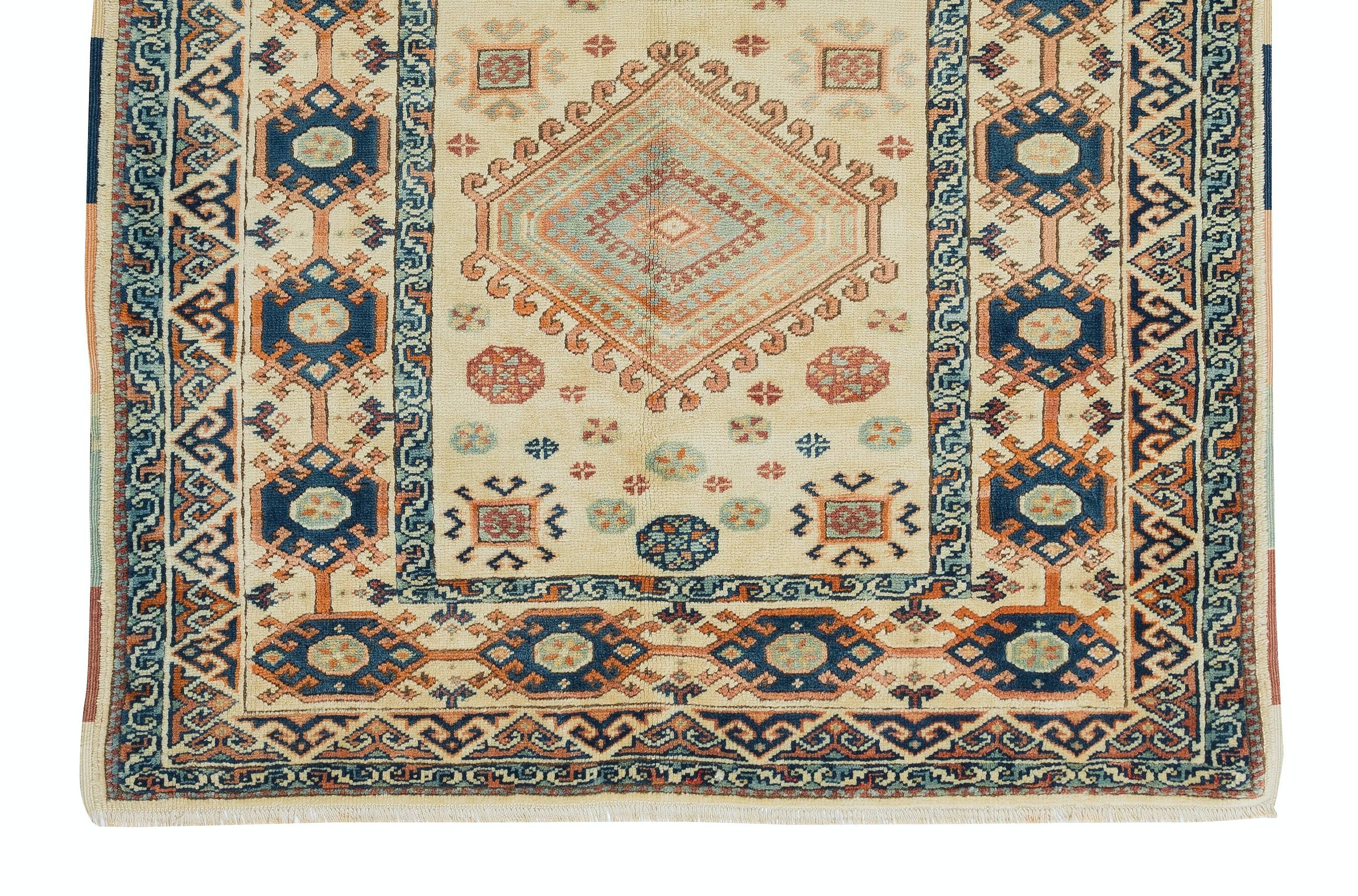 Hand-Knotted 4x6.2 Ft Vintage Handmade Geometric Anatolian Accent Rug, Woolen Floor Covering For Sale