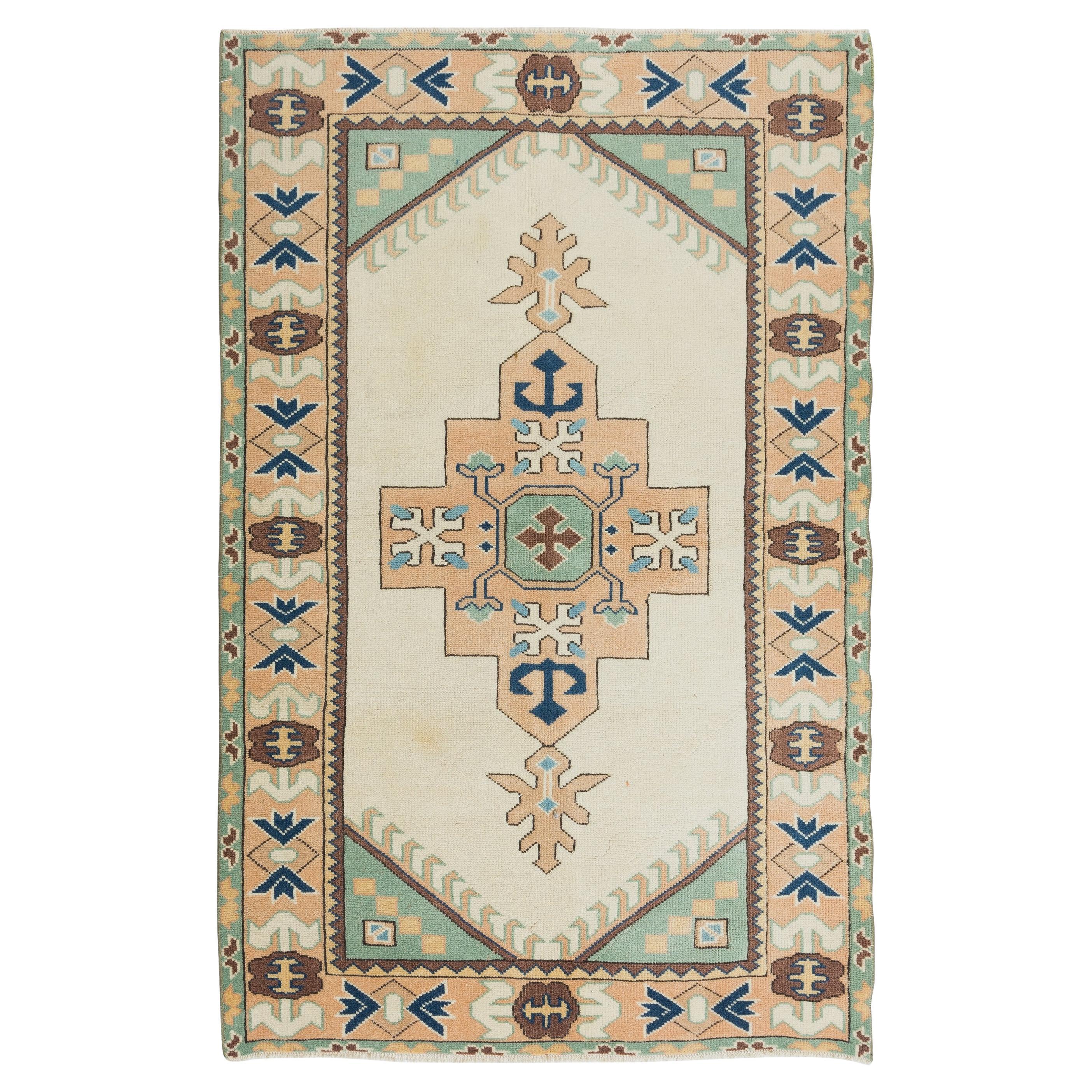 4x6.2 Ft Vintage Handmade Geometric Anatolian Accent Rug, Woolen Floor Covering For Sale