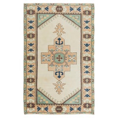 4x6.2 Ft Vintage Handgefertigter geometrischer Anatolischer Akzent-Teppich, Bodenbezug aus Wolle