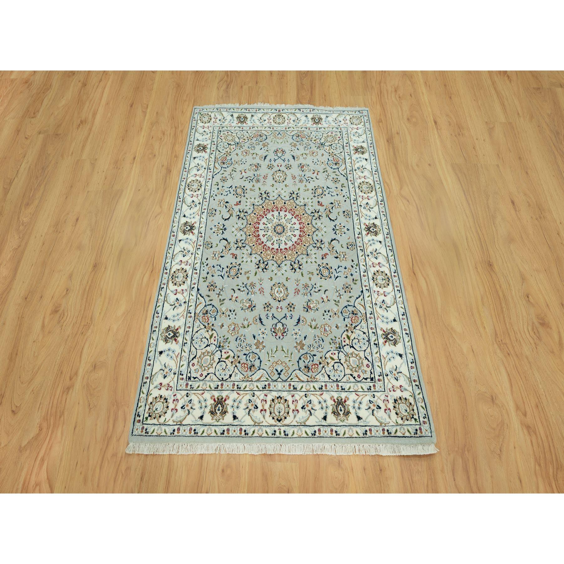 Glacier Gray with Sand Dollar Border, Hand Knotted Nain with Center Medallion Flower Design, Soft Wool, Oriental Rug
Primary materials: Wool
Latex: No Pile 
height: 0.25 Inches
Style: Traditional
Primary color: Grey
Secondary colors: Blue, Cream,