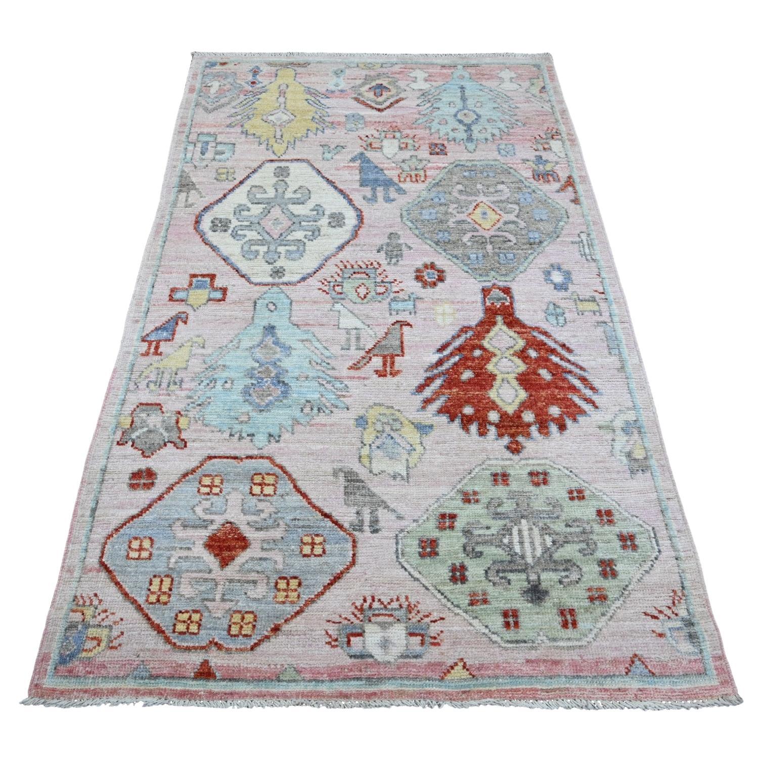 4'x6'2" Tapis en laine nouée à la main 4'x6'2" Pink Anatolian Village Inspired Bird Figurines