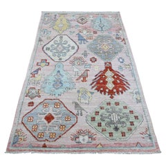 4'x6'2" Pink Anatolian Village Inspired Bird Figurines Hand Knotted Wool Rug