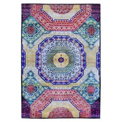 4'x6'2" Sari Silk with Textured Wool Mamluk Design Colorful Hand Knotted Rug