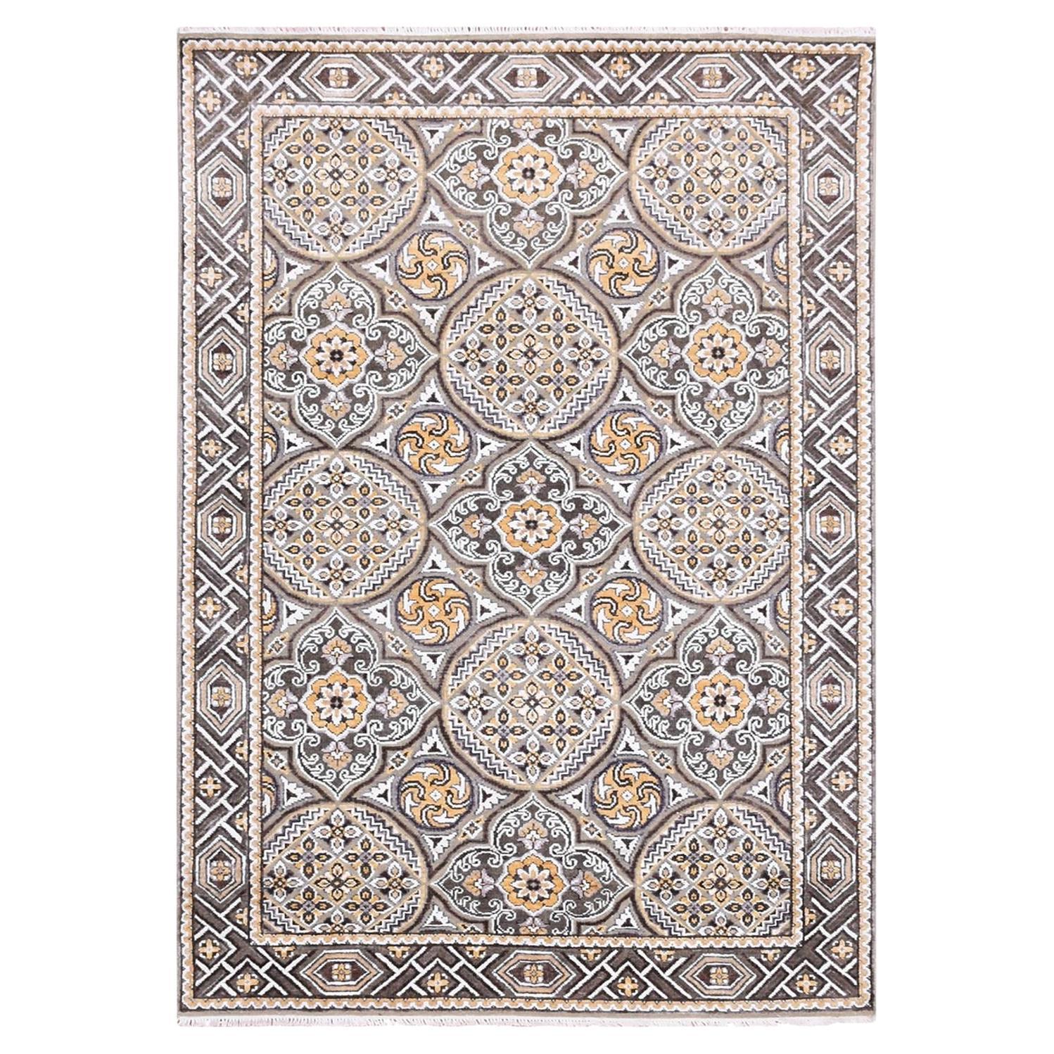 4'x6'2" Taupe-Brown Textured Wool Silk Mughal Inspired Hand-Knotted Rug For Sale