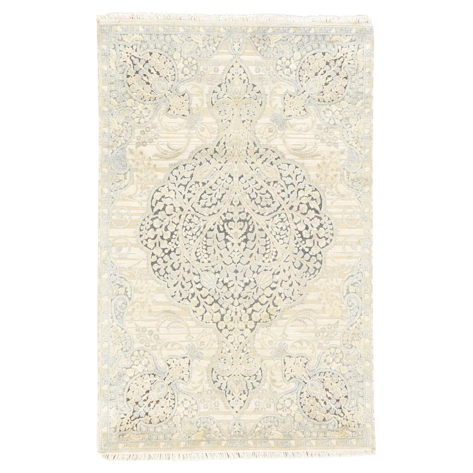 4'x6'3" Beige Tree of Life Meditation Design Silk Hand Knotted Oriental Rug