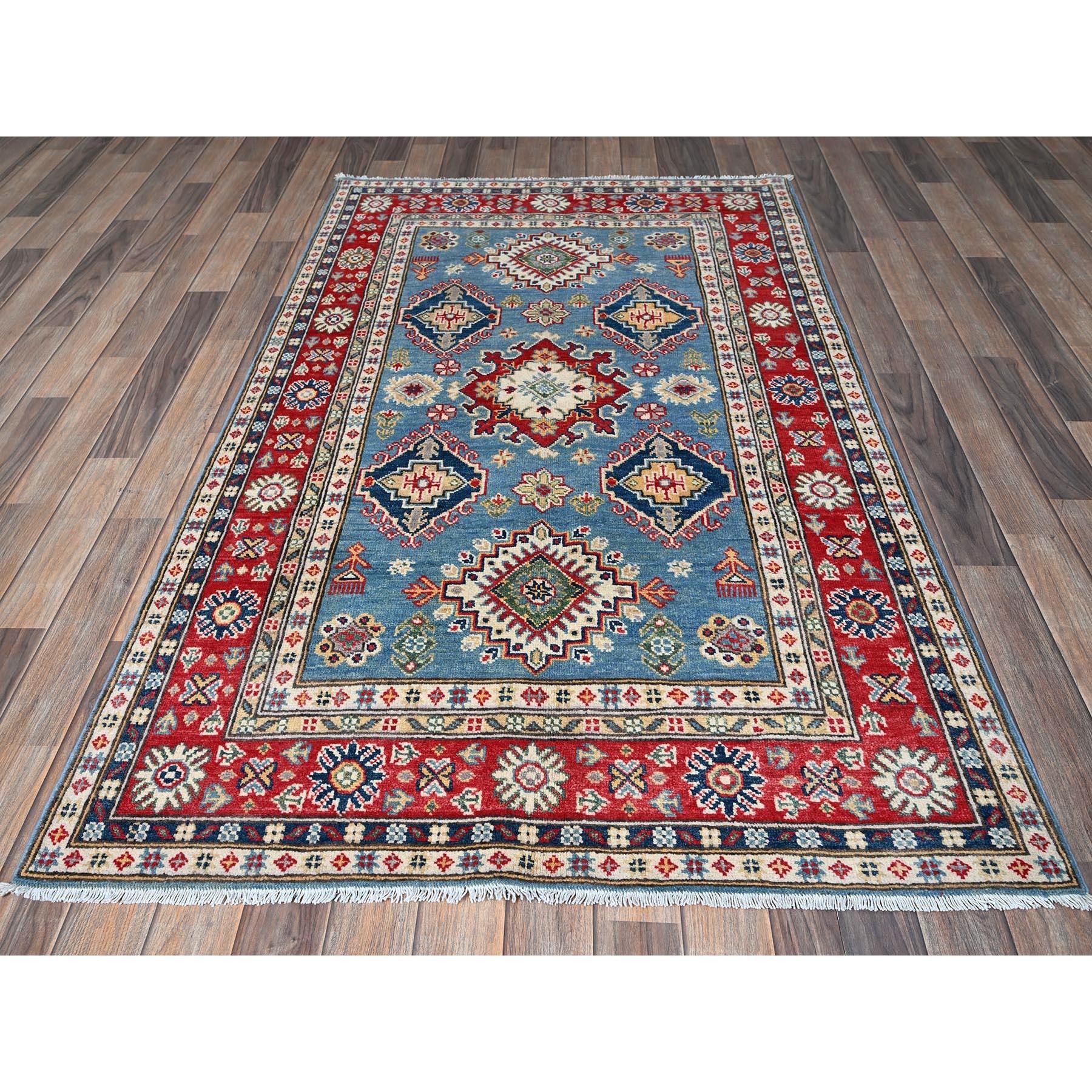 Ruddy Blue, Kazak with Geometric Medallions Design, Soft and Shiny Wool, Hand Knotted, Vegetable Dyes, Denser Weave, Oriental Rug
Primary materials: Wool
Latex: No Pile 
height: 0.25 Inches
Style: Traditional
Primary color: Blue
Secondary colors: