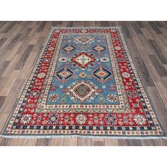 4'x6'3" Blue Kazak with Geometric Medallions Design Soft Wool Hand Knotted Rug