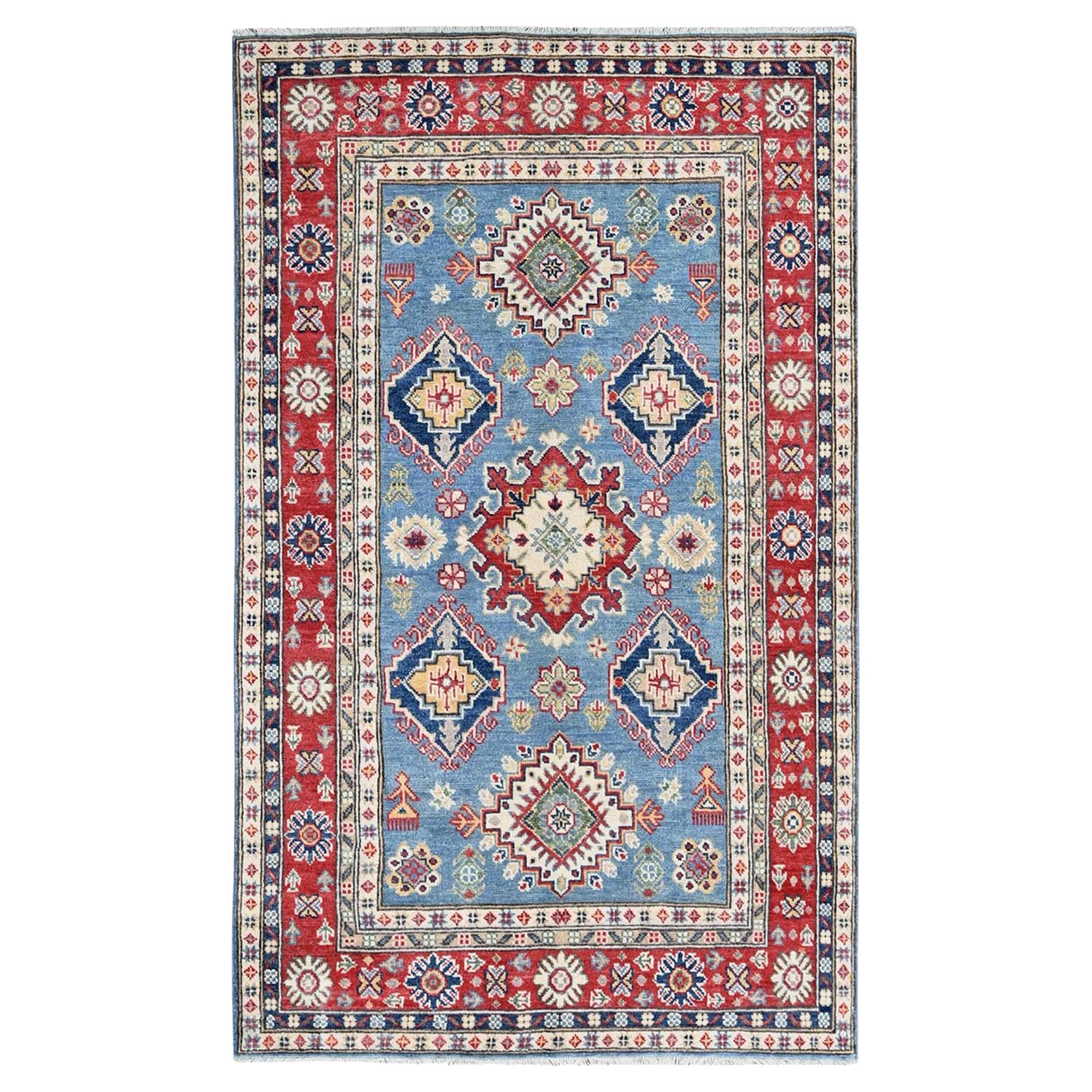 4
x6
3" Blue Kazak with Geometric Medallions Design Soft Wool Hand Knotted Rug