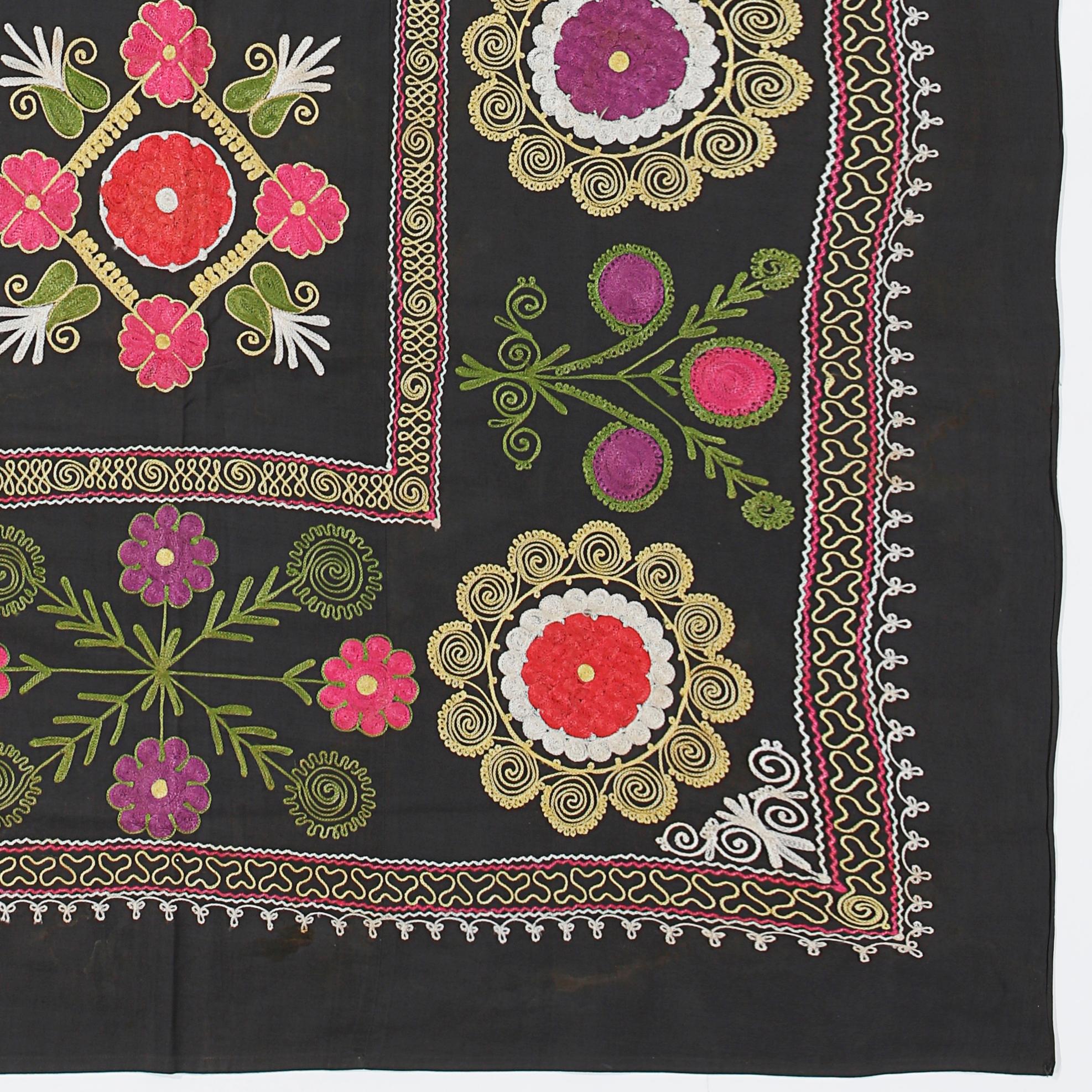 20th Century 4x6.3 Ft Uzbek Silk Embroidery Wall Hanging, Vintage Suzani Bed Cover in Black