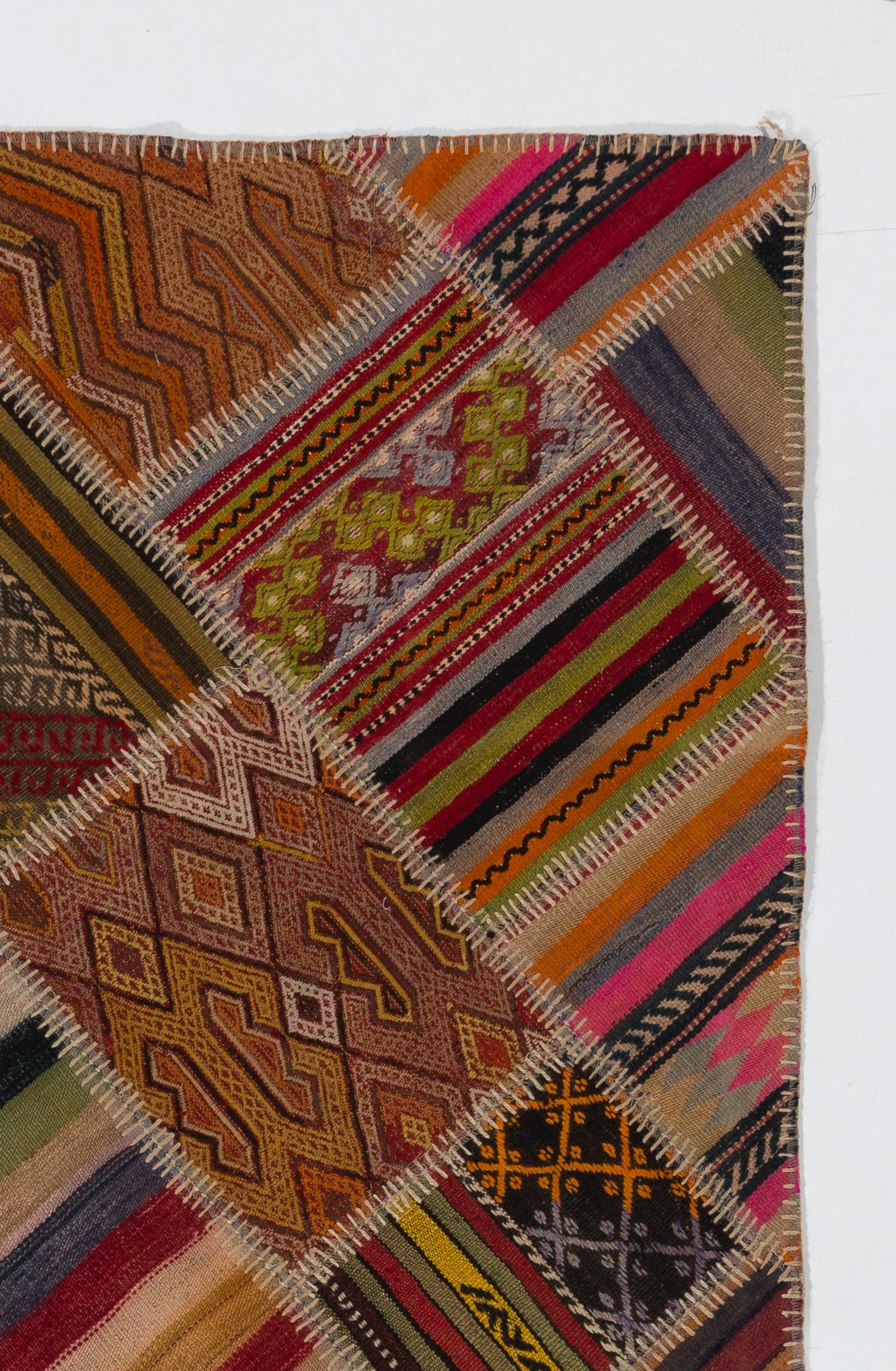 Hand-Woven 4x6.3 ft Turkish Patchwork Kilim with Tribal Flair, Handmade Turkish Wool Rug For Sale