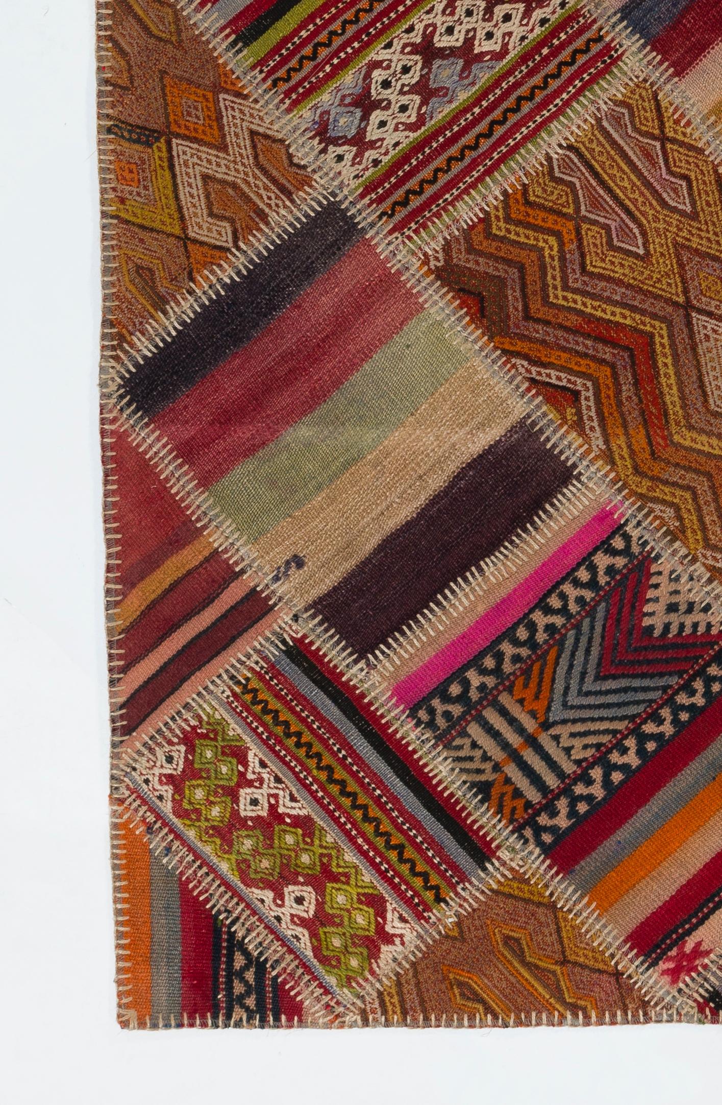 Contemporary 4x6.3 ft Turkish Patchwork Kilim with Tribal Flair, Handmade Turkish Wool Rug For Sale