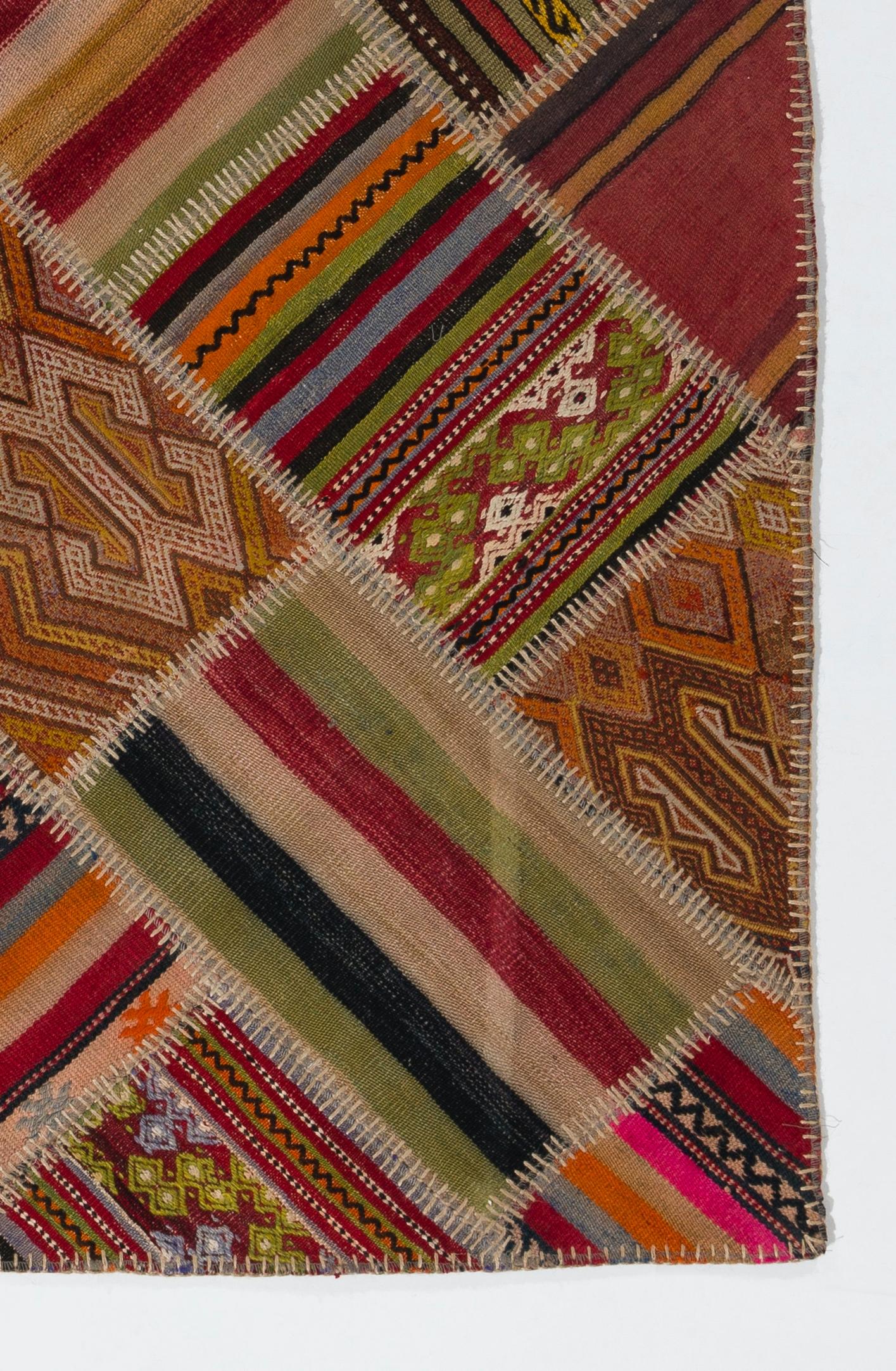 4x6.3 ft Turkish Patchwork Kilim with Tribal Flair, Handmade Turkish Wool Rug For Sale 1