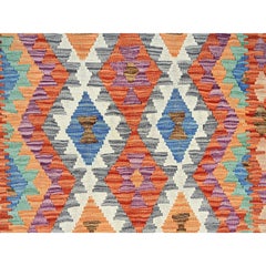 4'x6'3" Arancione Vivace Tessuto a mano a trama piatta Rug & Kilim geometrico afgano tutto in lana