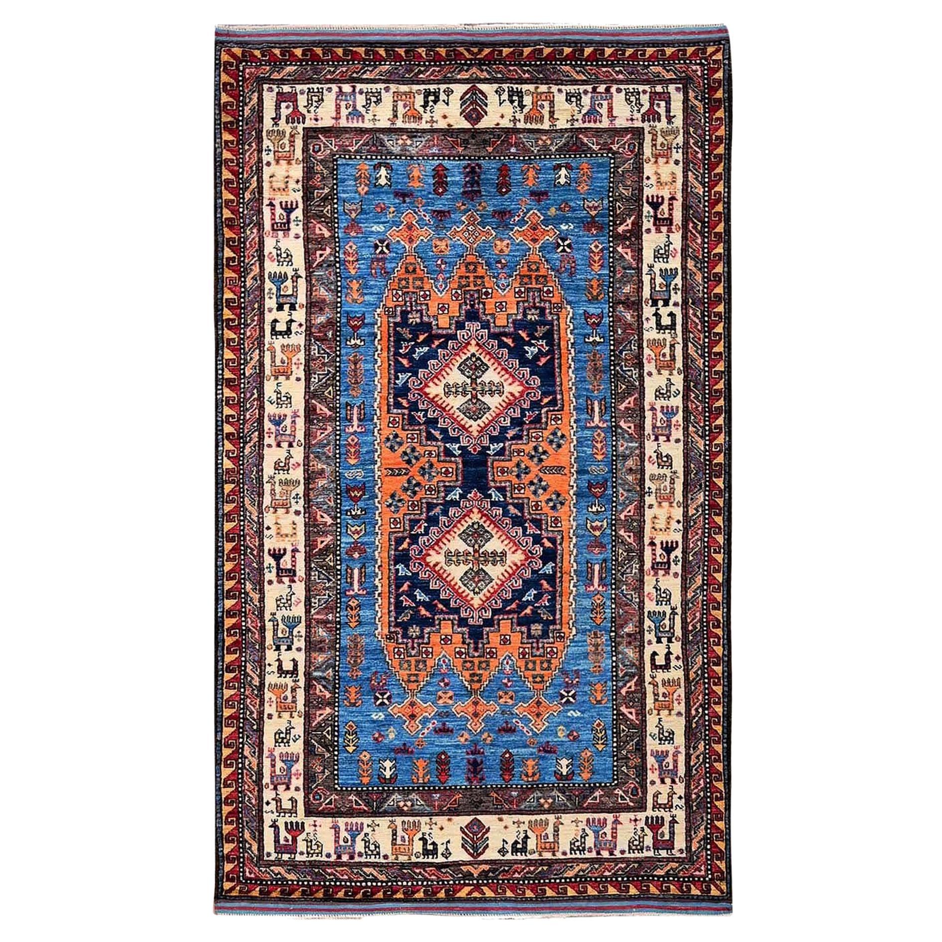 4'x6'4" Blue Afghan Ersari with Caucasian Design Revival Hand Knotted Wool Rug