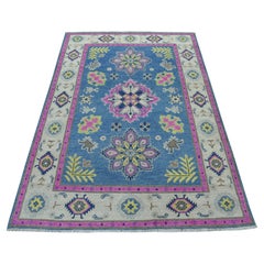 4'x6'4" Colorful Blue Fusion Kazak Pure Wool Hand Knotted Oriental Rug