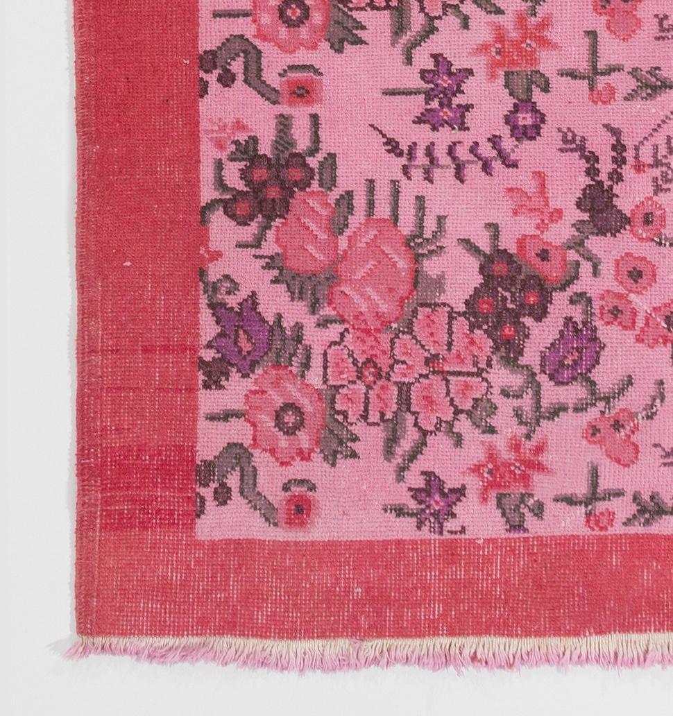 Mid-20th Century 4x6.4 Ft Floral Patterned Modern Hand-Knotted Vintage Turkish Rug in Pink