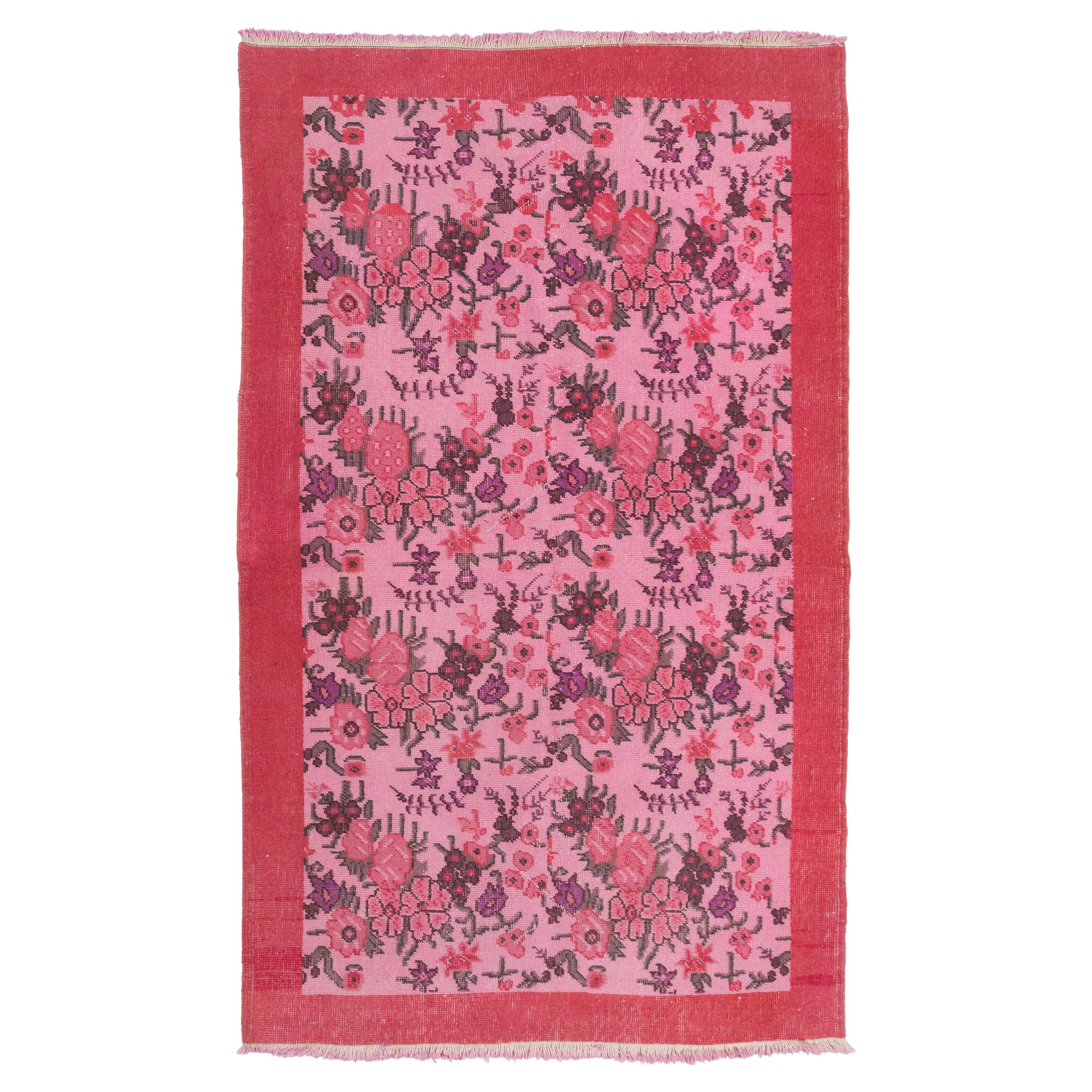 4x6.4 Ft Floral Patterned Modern Hand-Knotted Vintage Turkish Rug in Pink