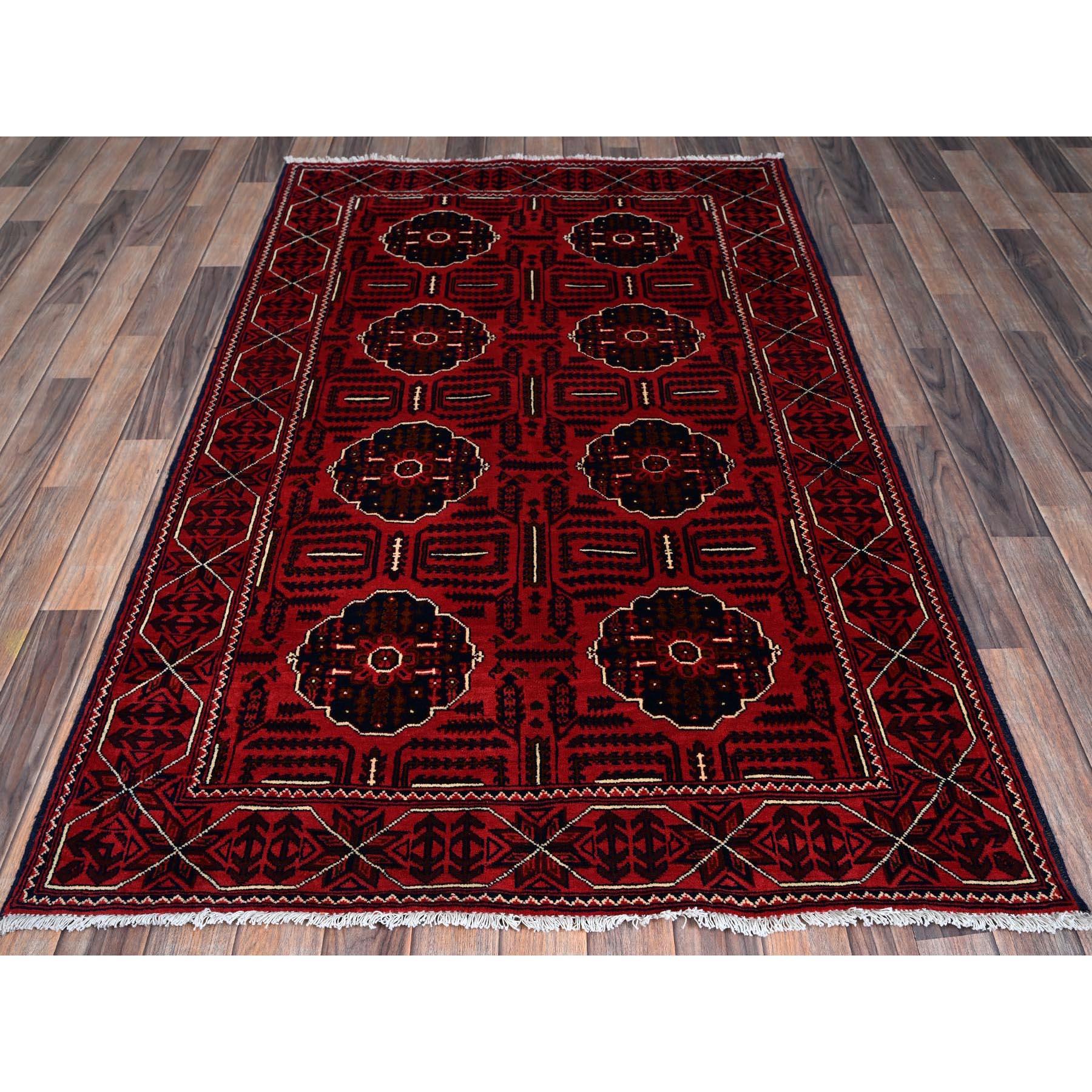 Crimson Red, Afghan Khamyab with Tribal Medallions Design, Soft and Velvety Wool, Natural Dyes, Hand Knotted, Oriental Rug
Primary materials: Wool
Latex: No Pile 
height: 0.25 Inches
Style: Traditional
Primary color: Red
Secondary colors: Ivory,