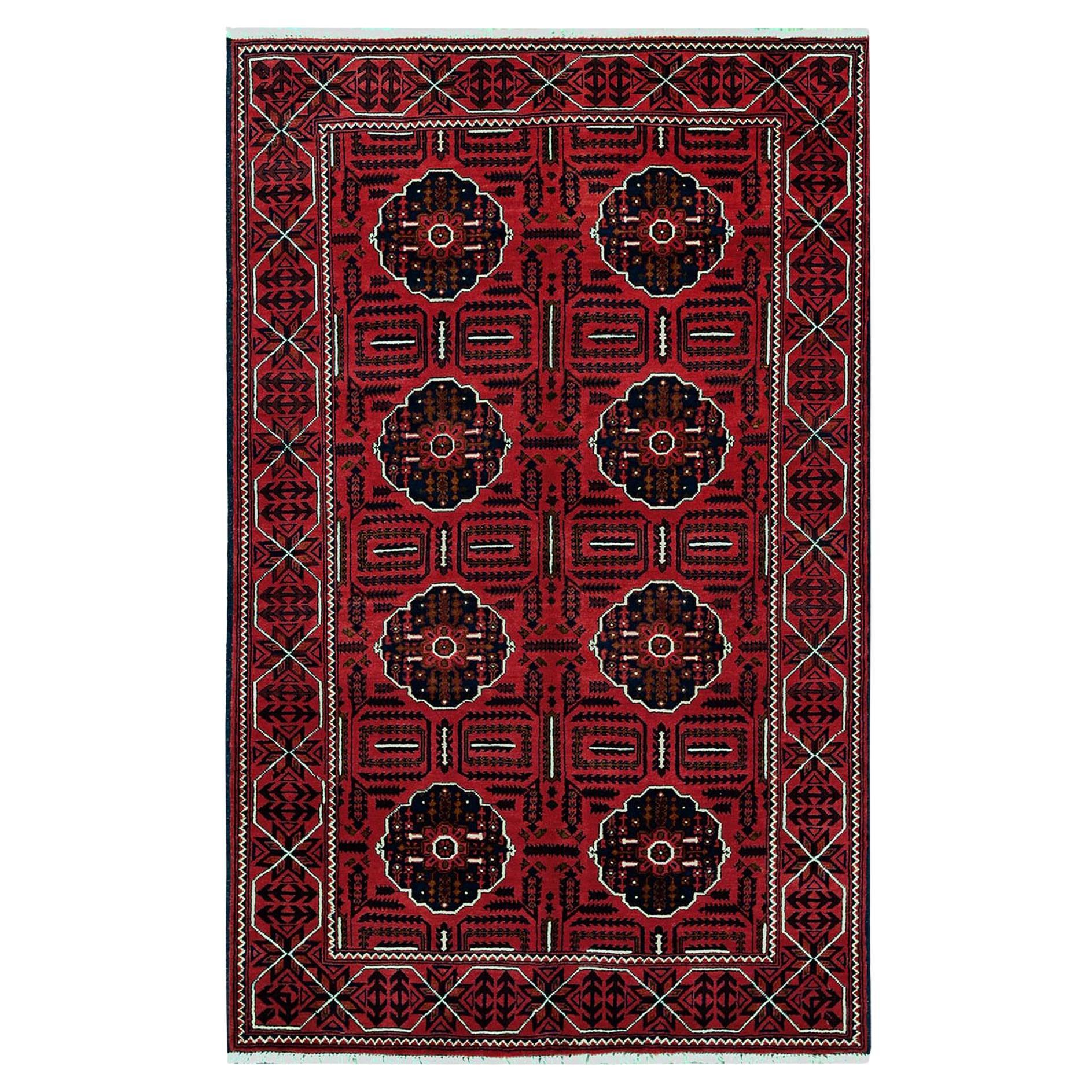 4'x6'4" Red Afghan Khamyab with Tribal Medallions Design Hand Knotted Wool Rug For Sale
