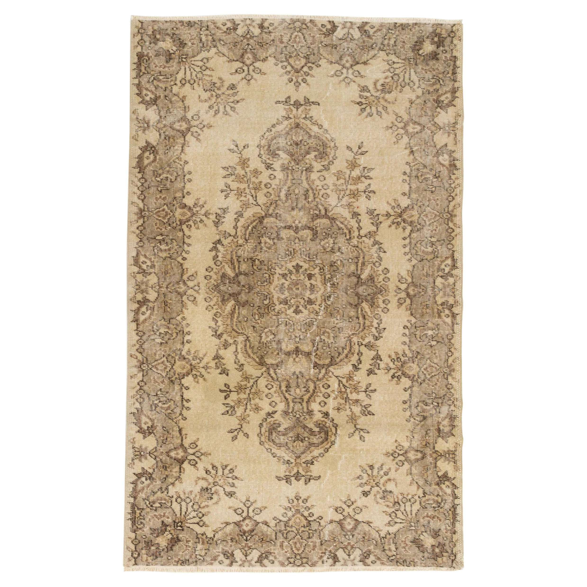 4x6.5 ft Hand-Knotted Vintage Turkish Oushak Rug, Medallion Design Beige Carpet (tapis beige)