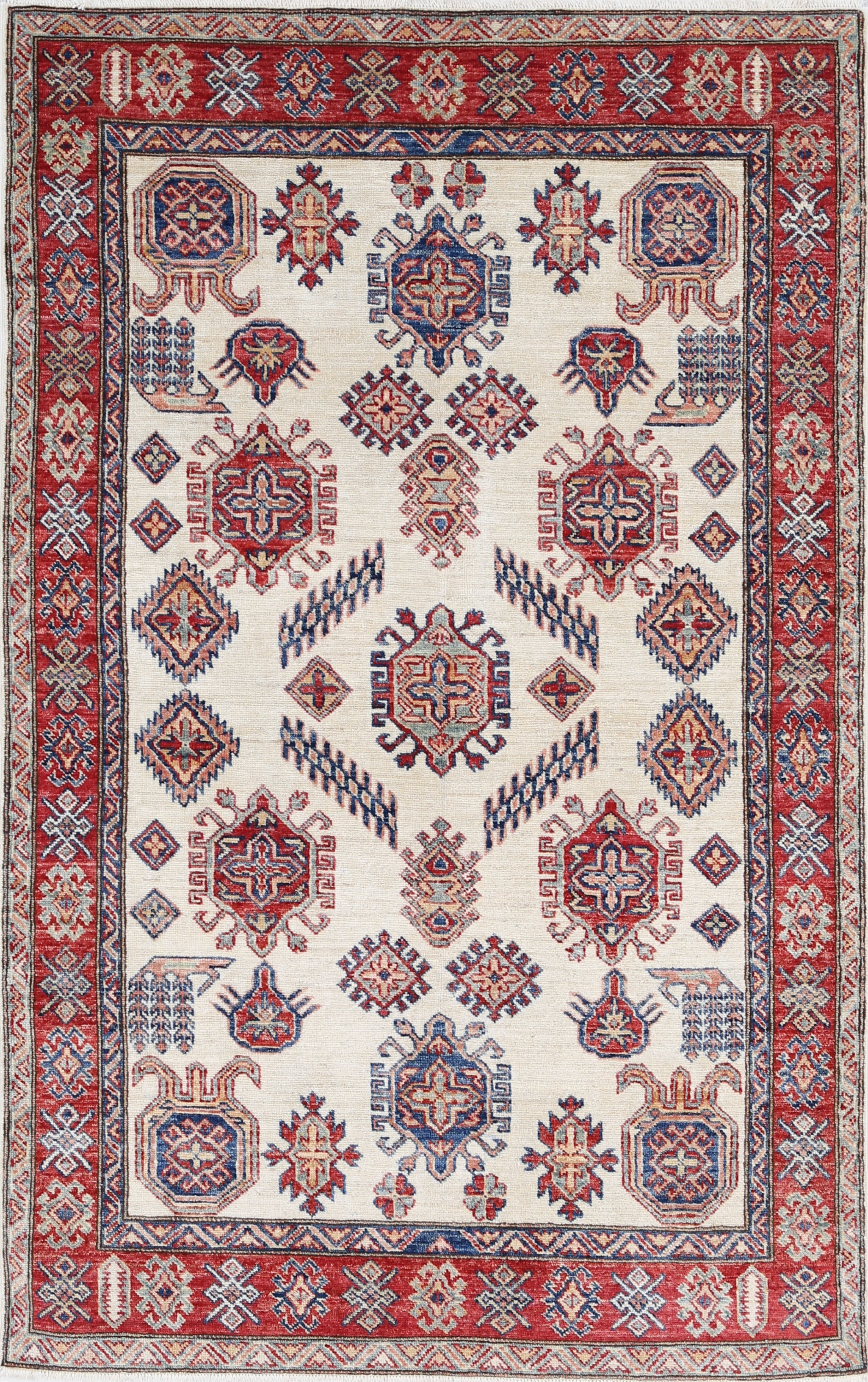 4x6.5 ft Handknotted Floral Beige Rug. Tribal Accent Rug for Entryway. 100% Wool