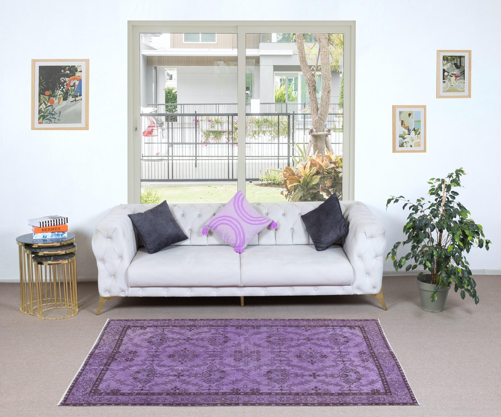 20th Century 4x6.5 Ft Turkish Handmade Accent Rug in Purple, Great for Modern Interiors For Sale