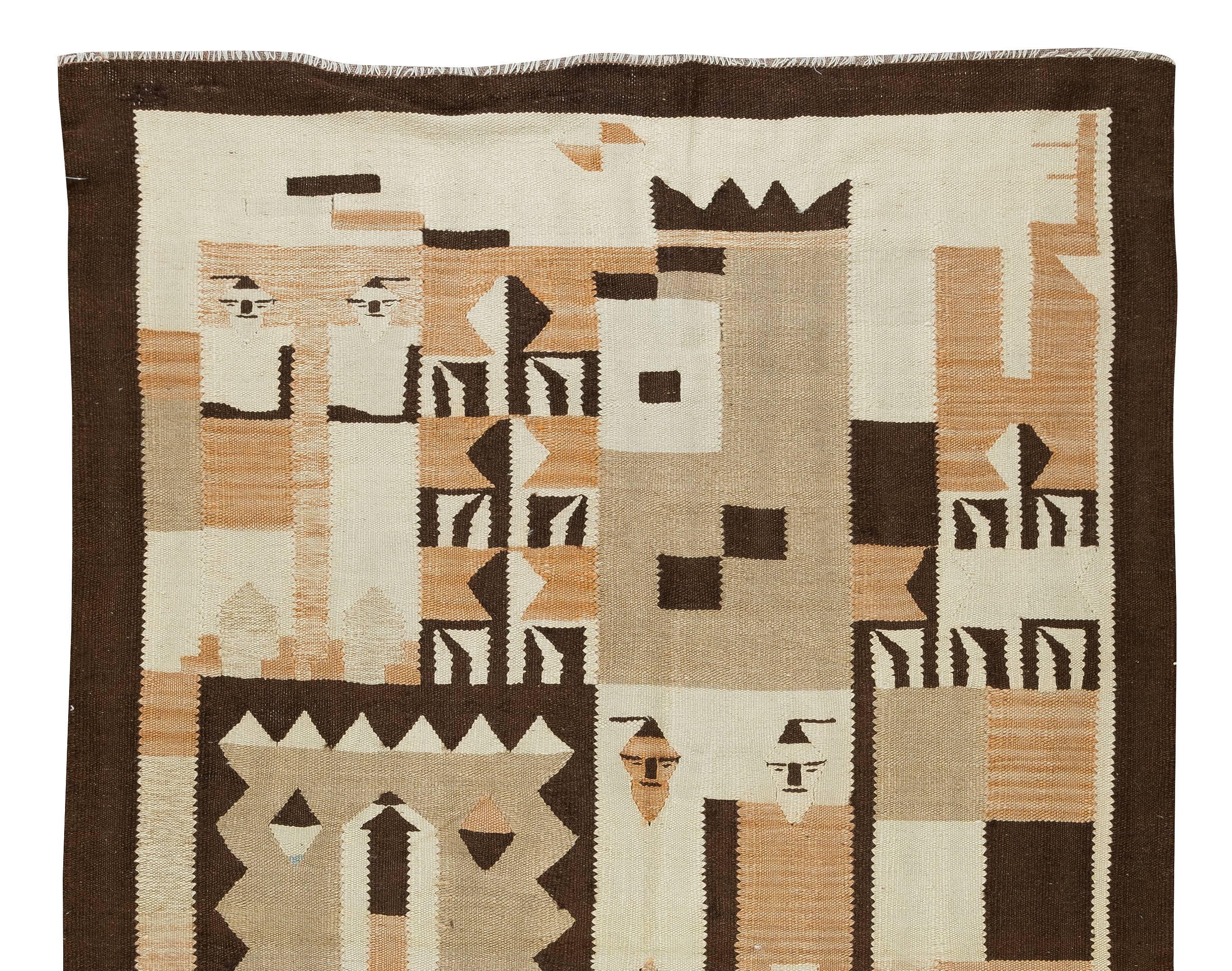Hand-Woven 4x6.5 Ft Vintage American Indian Navajo Tribal Kilim Rug, Geometric Wool Carpet For Sale