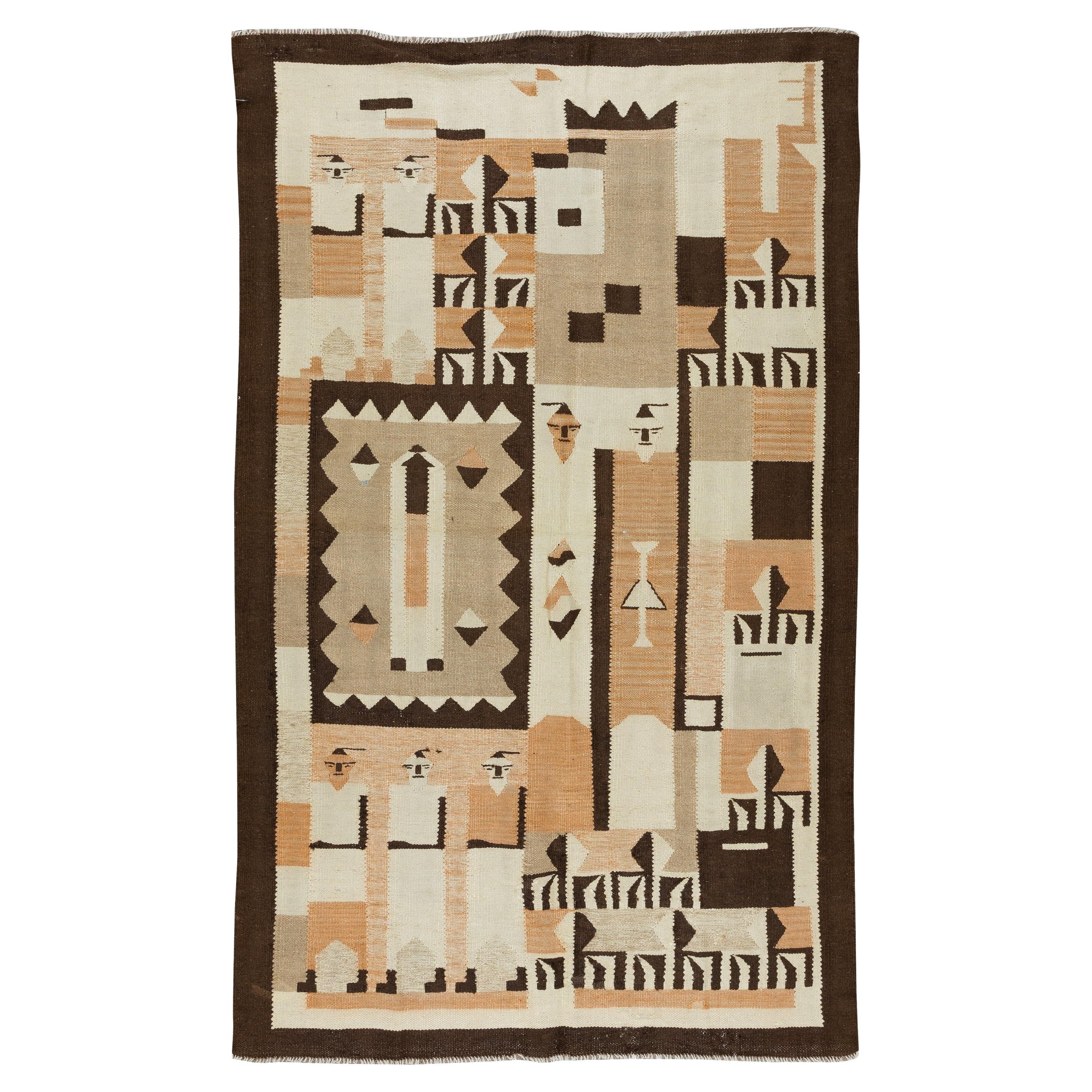 4x6.5 Ft Vintage American Indian Navajo Tribal Kilim Rug, Geometric Wool Carpet For Sale