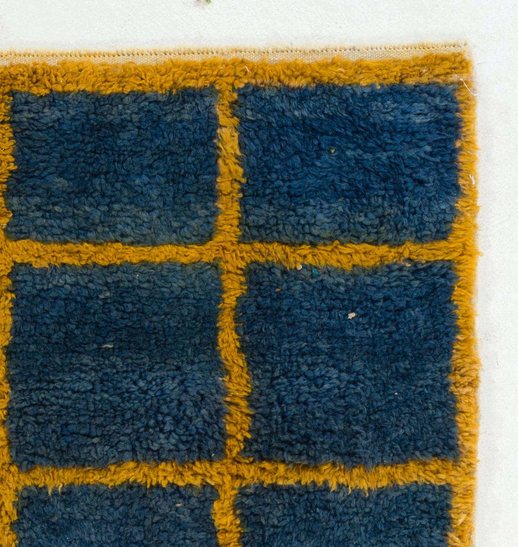 Turkish 4x6.6 Ft Vintage Checkered 'Tulu' Rug in Blue & Yellow, Custom Options Available
