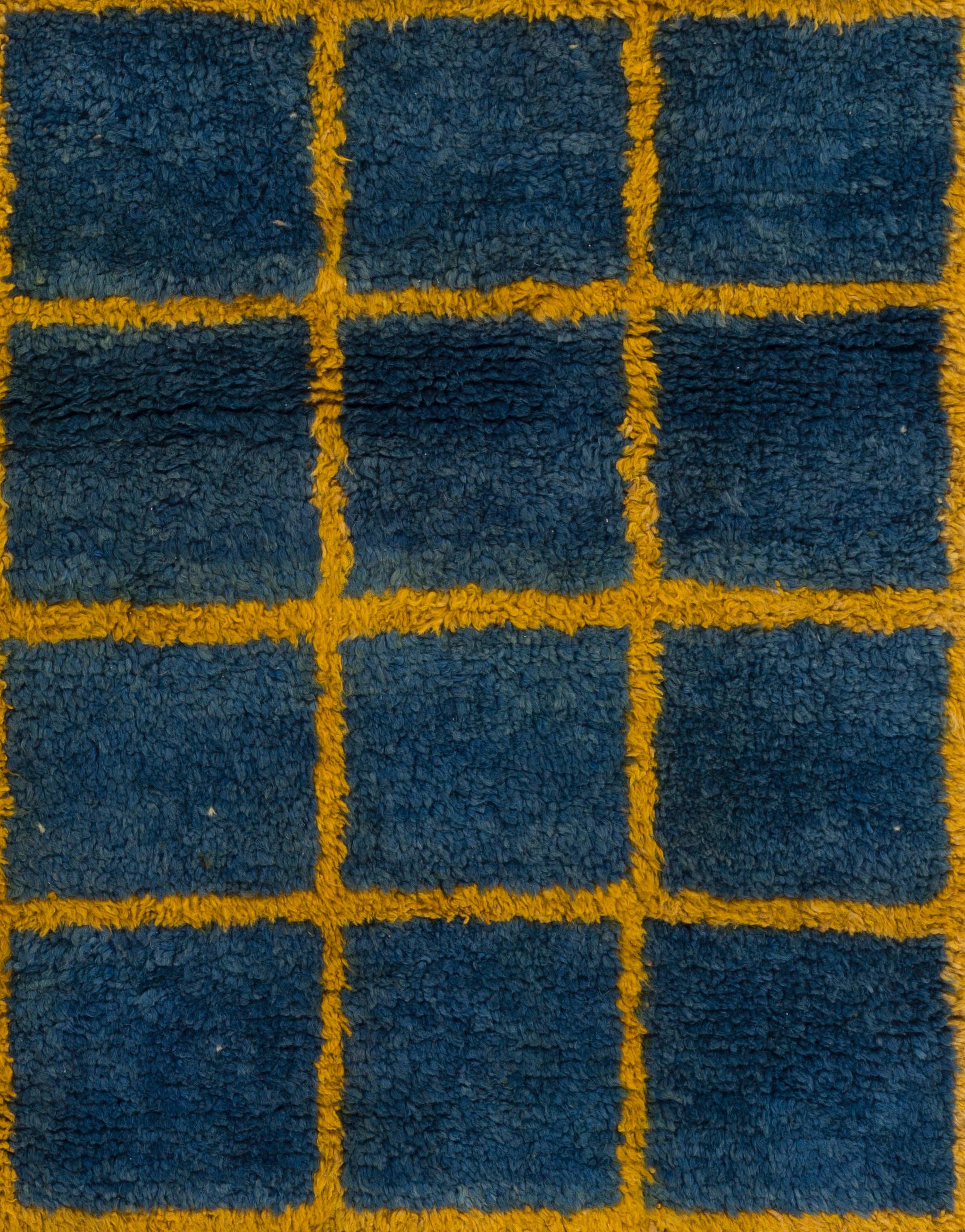 Hand-Knotted 4x6.6 Ft Vintage Checkered 'Tulu' Rug in Blue & Yellow, Custom Options Available