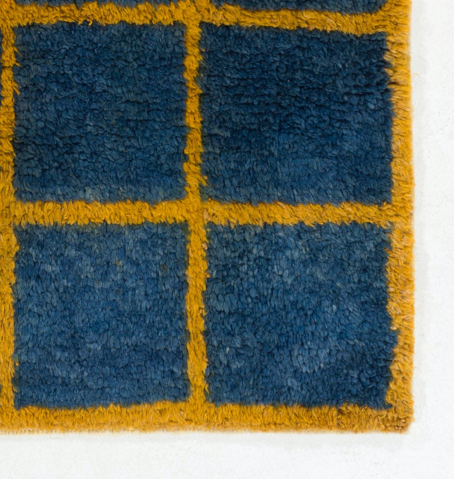 20th Century 4x6.6 Ft Vintage Checkered 'Tulu' Rug in Blue & Yellow, Custom Options Available