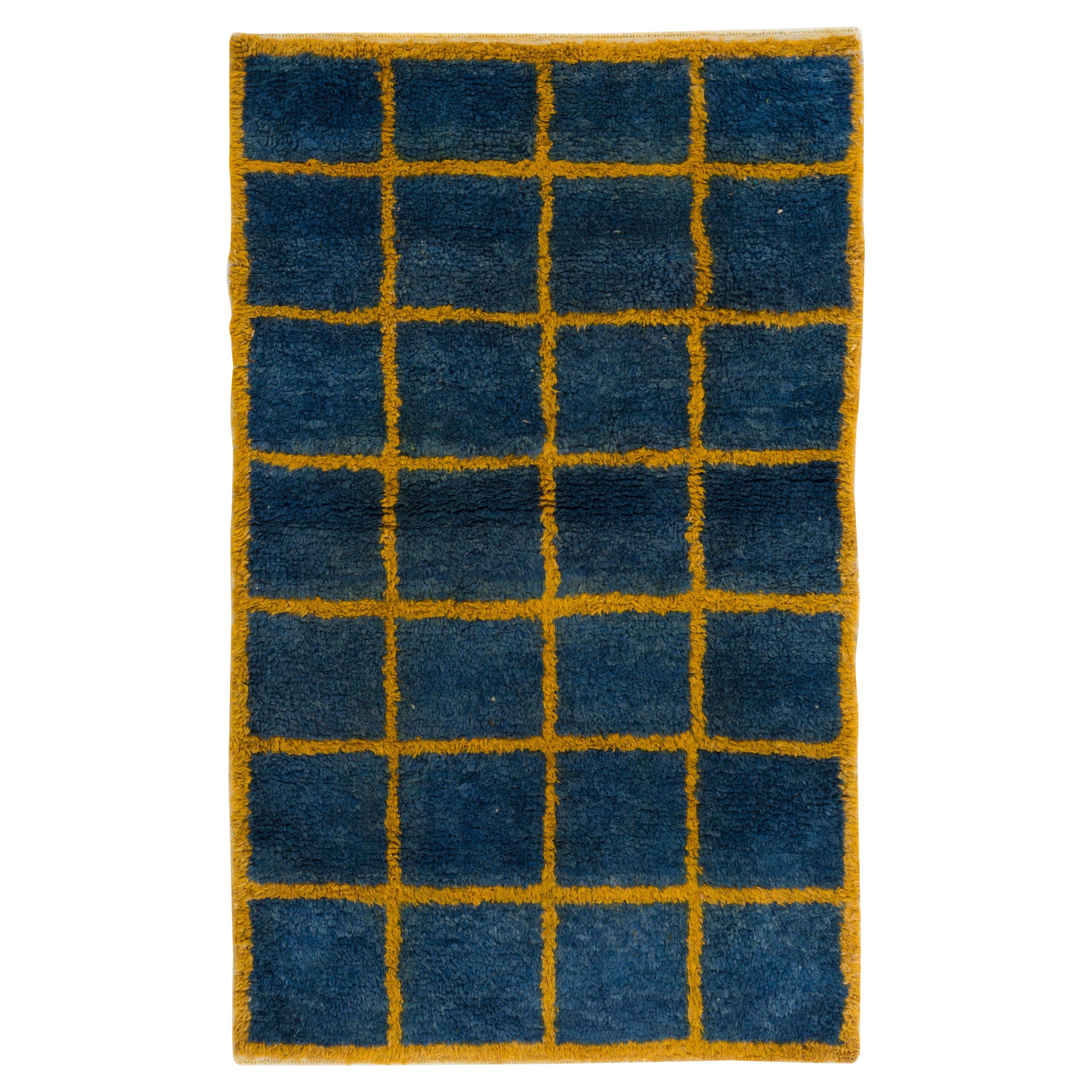4x6.6 Ft Vintage Checkered 'Tulu' Rug in Blue & Yellow, Custom Options Available