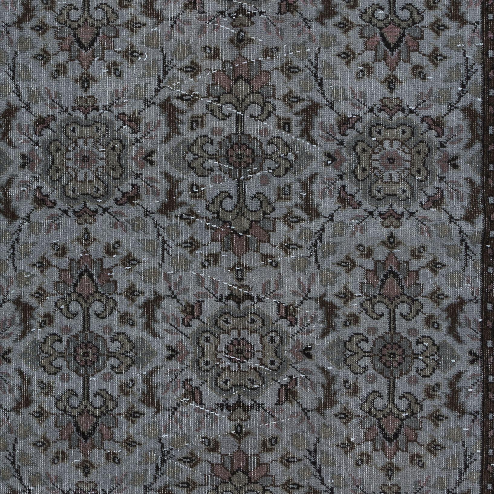 20th Century 4x6.6 Ft Gray Modern Handmade Turkish Rug, Floral Pattern Living Room Carpet For Sale