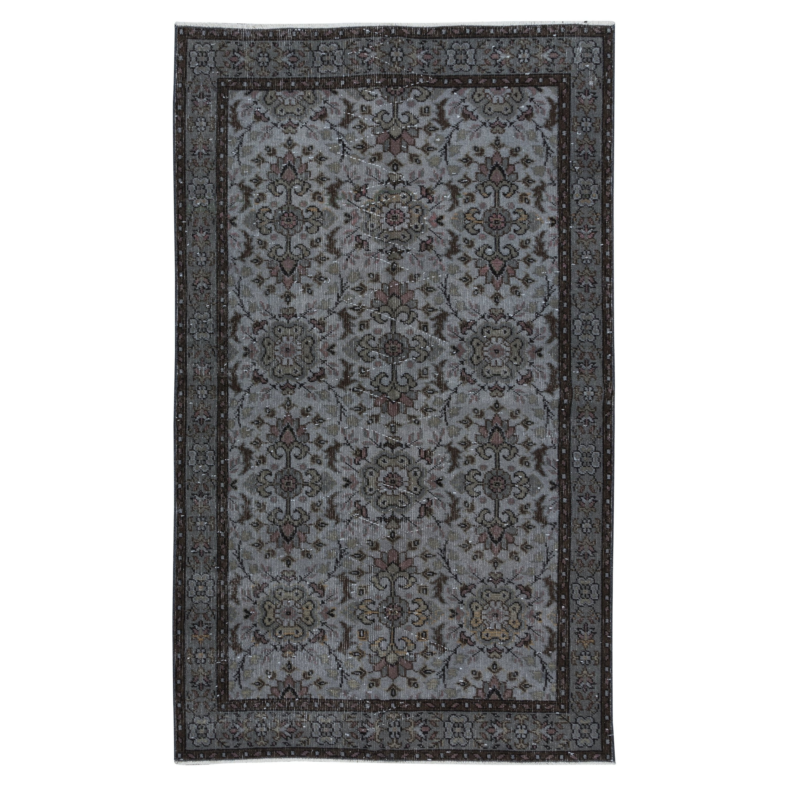 Tappeto turco moderno fatto a mano grigio 4x6.6 Ft, tappeto da salotto con motivo floreale